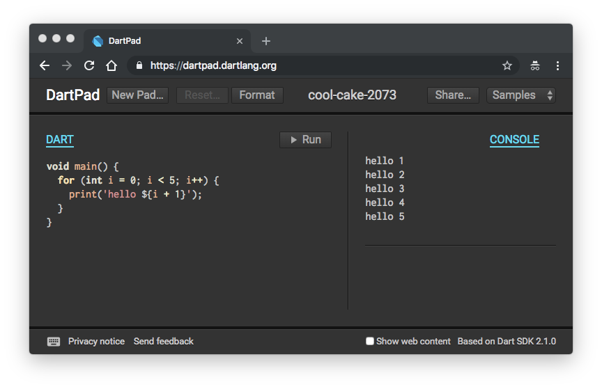 DartPad Hello World