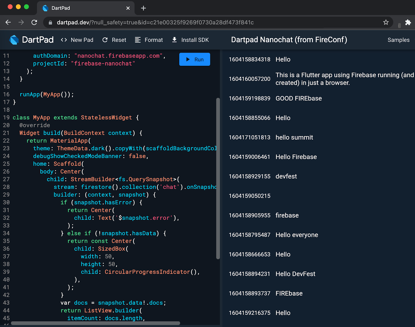 Basic chat app built with Firebase in DartPad.