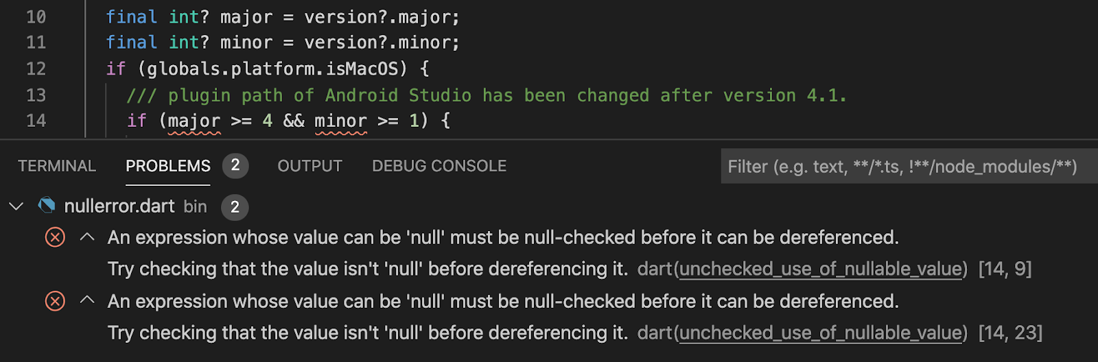 An editor interface showing a compile error because a nullable variable is used without a null check.