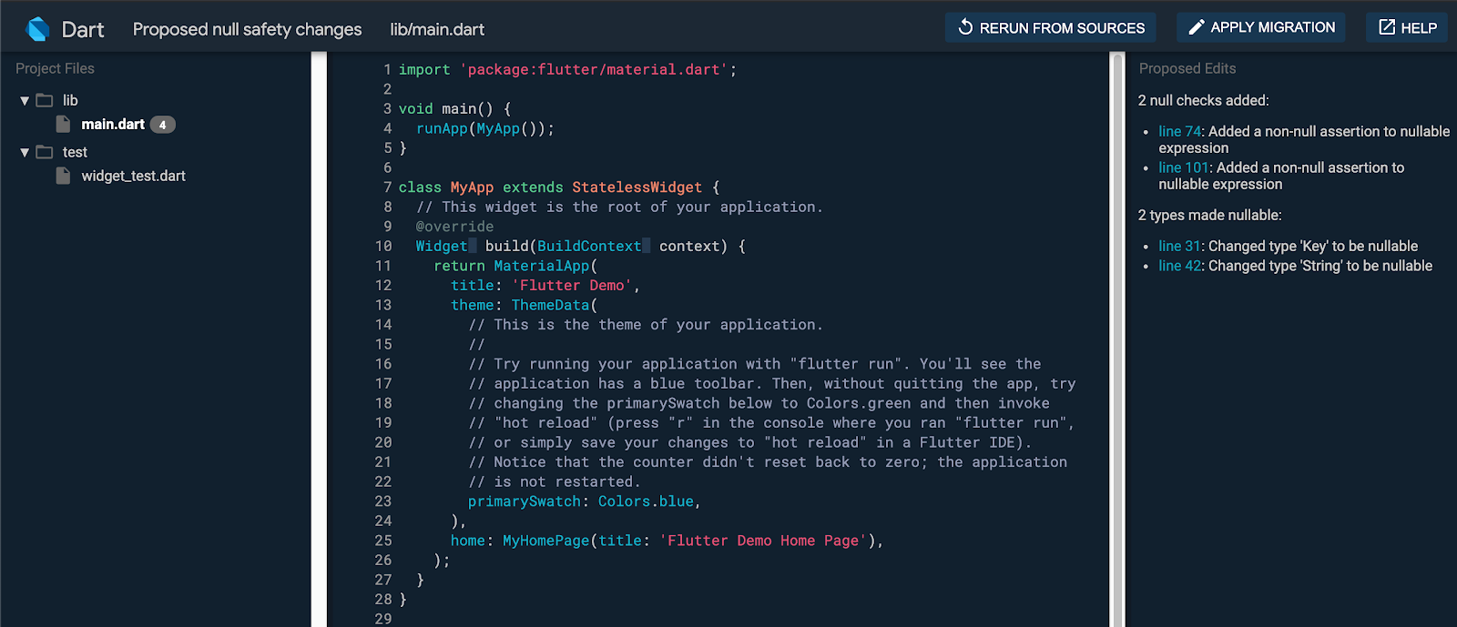 The interactive dart migrate tool interface showing proposed code changes.