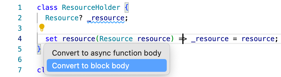 Visual Studio Code showing the quick assist to convert an expression body to a block body.
