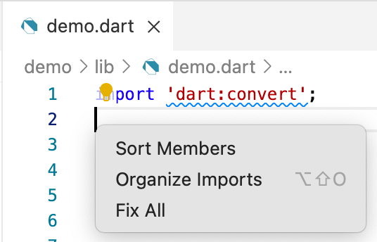 The 'Source Action...' menu in Visual Studio Code displaying 'Sort Members', 'Organize Imports', and 'Fix All' options.