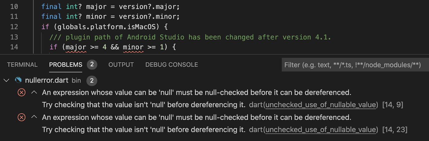 IDE analysis output for Dart null safety issues.