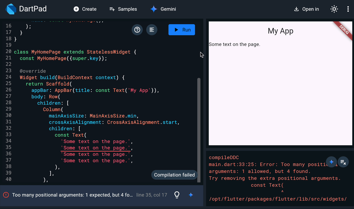 An animation displaying Gemini in DartPad offering a solution to fix a runtime exception.