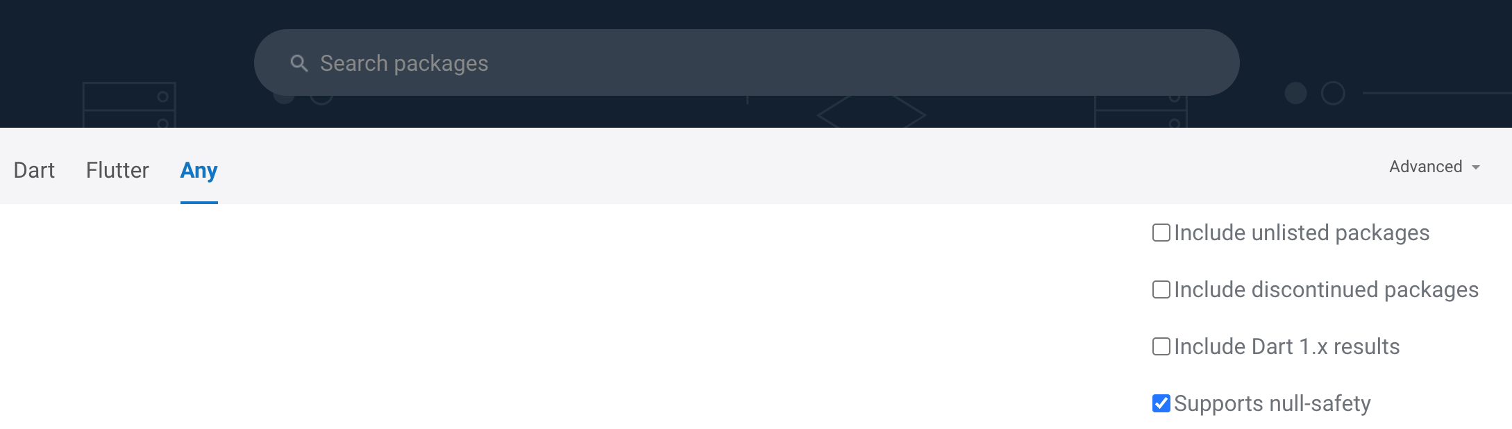 pub.dev search interface with the null safety filter checked under advanced search options.