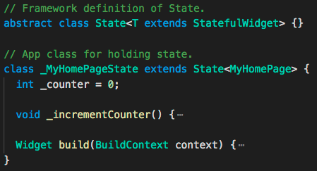 Code snippet showing a Flutter state class extending the framework State class.