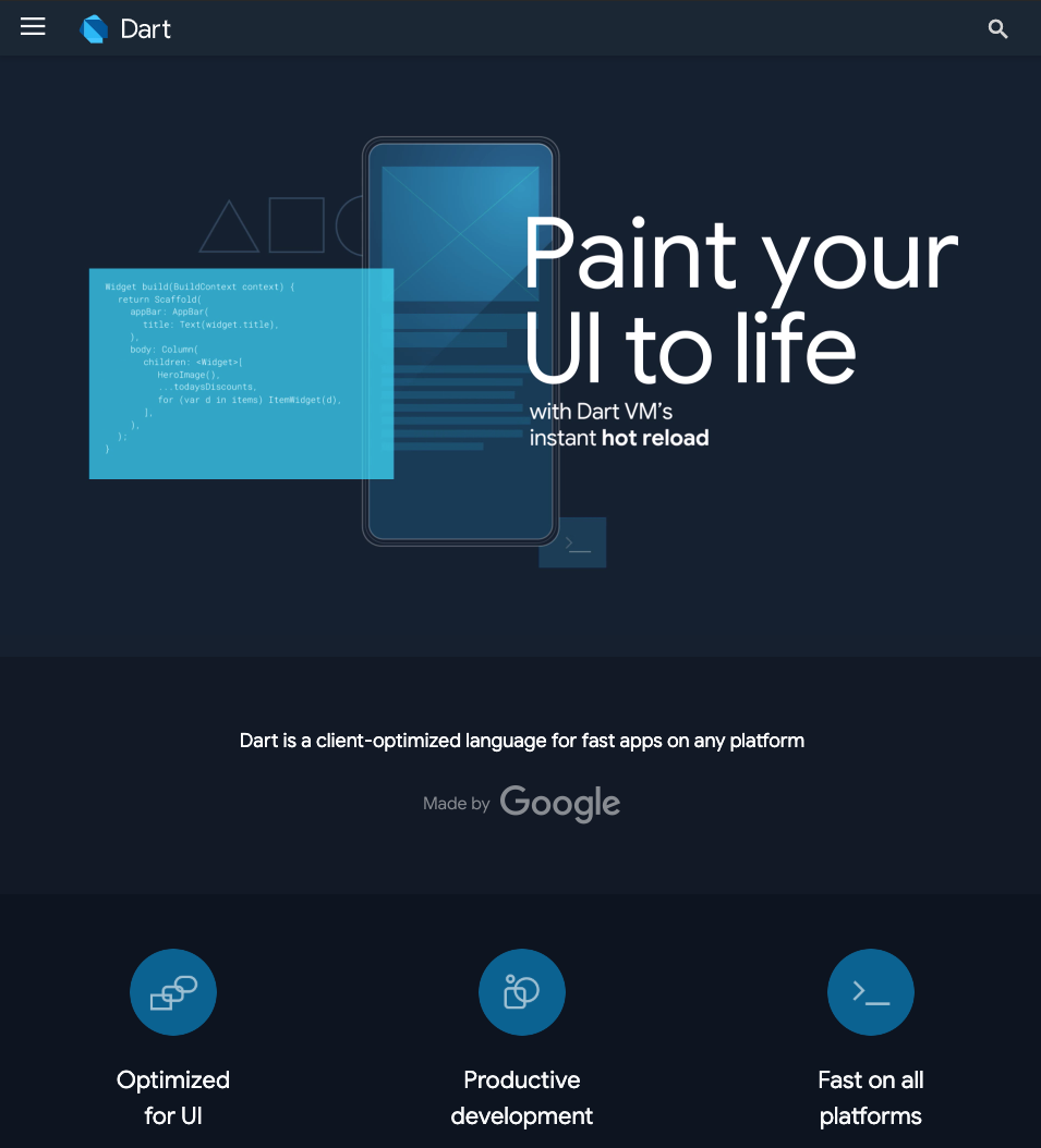 Redesigned dart.dev homepage.
